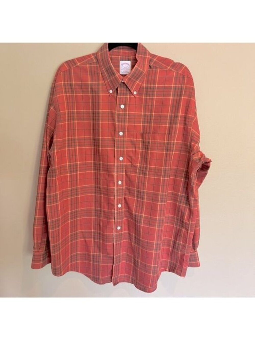 Brooks Brothers Men’s Shirt Size Large Orange Green Plaid Button Down Cotton
